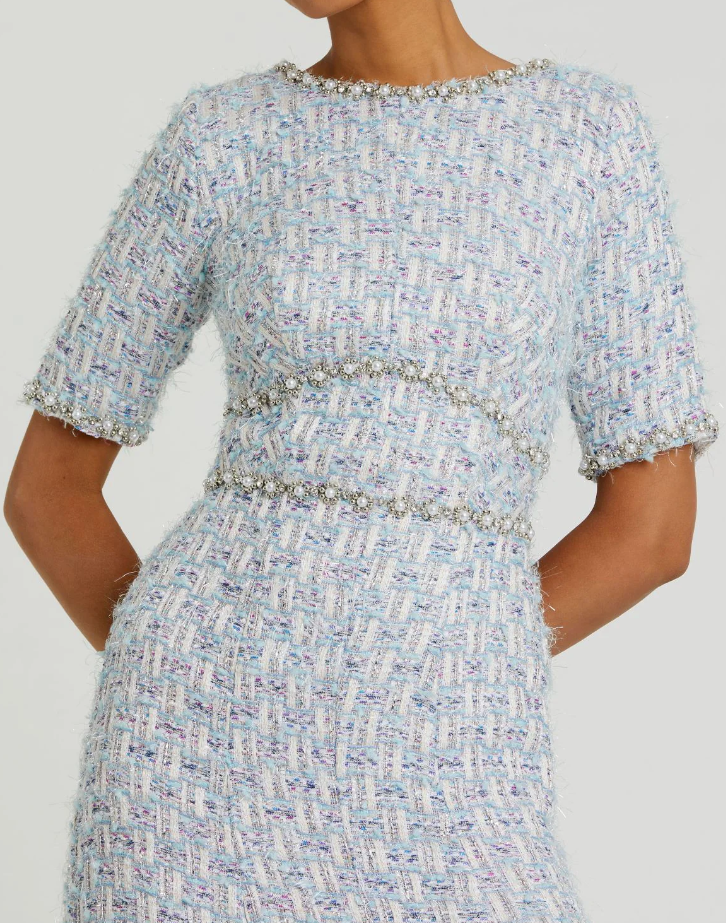 Mac Duggal Short Sleeve Beaded Trim Boucle Midi Dress -  Blue Multi - Gabrielle's Biloxi
