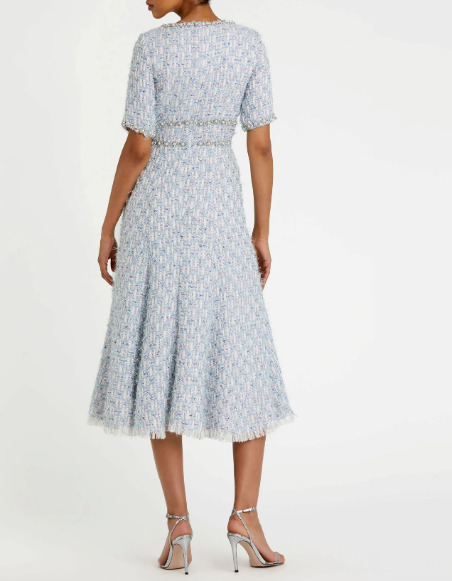 Mac Duggal Short Sleeve Beaded Trim Boucle Midi Dress -  Blue Multi - Gabrielle's Biloxi