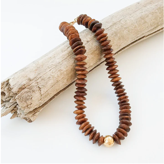 Heishi Bone Hammered Ball Necklace - Brown - Gabrielle's Biloxi