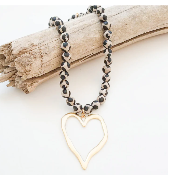 Gemstone Beaded Necklace w/ / XL Heart - Matte Black Giraffe - Gabrielle's Biloxi