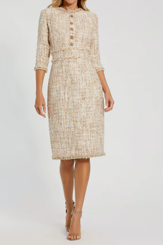 Mac Duggal 3/4 Sleeve Beaded Trim Patch Pocket Midi Dress - Blush - Gabrielle's Biloxi