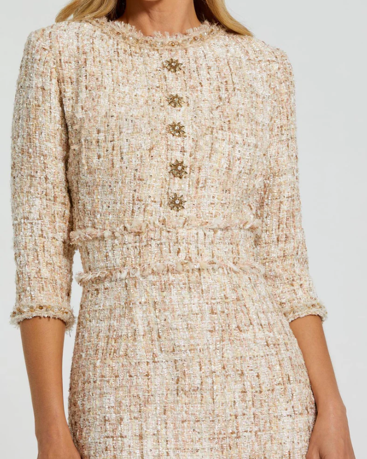 Mac Duggal 3/4 Sleeve Beaded Trim Patch Pocket Midi Dress - Blush - Gabrielle's Biloxi