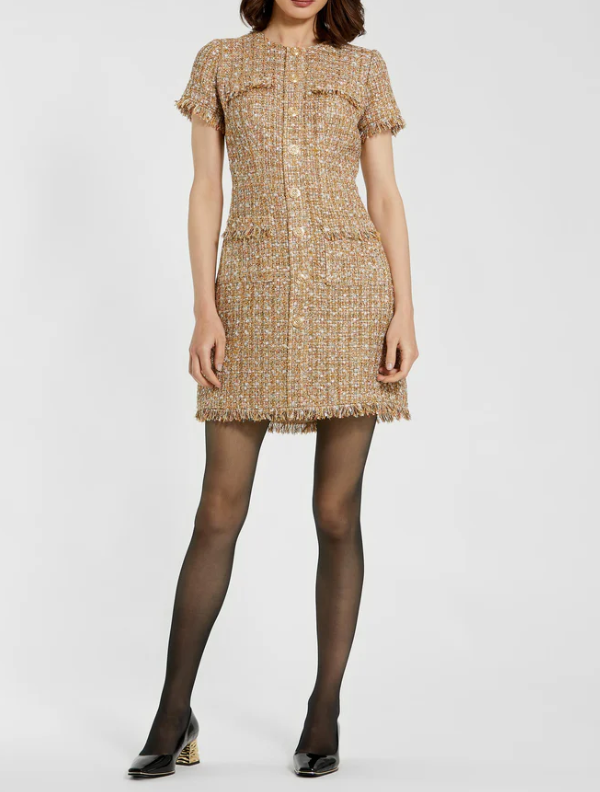 Mac Duggal Bouclé Short Sleeve Mini Dress with Pockets - Latte Multi - Gabrielle's Biloxi
