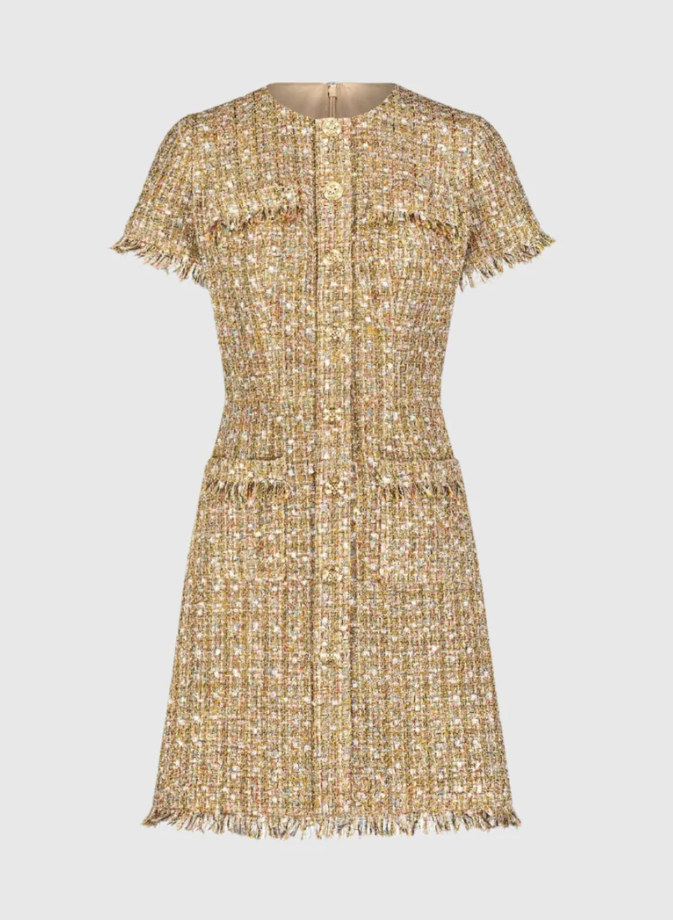 Mac Duggal Bouclé Short Sleeve Mini Dress with Pockets - Latte Multi - Gabrielle's Biloxi