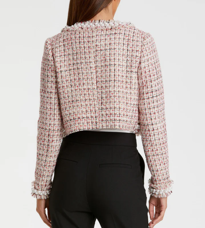 Mac Duggal Pearl Trim Long Sleeve Cropped Jacket - Cherry - Gabrielle's Biloxi