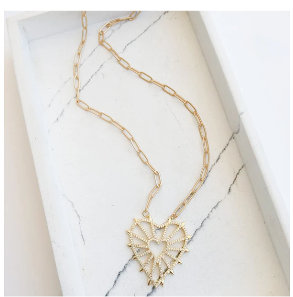 19" Large Paperclip w Large CZ Studded Heart - Gold - Gabrielle's Biloxi