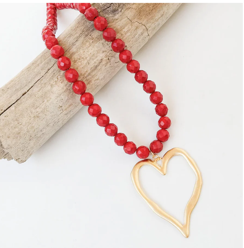 Gemstone Beaded Necklace w/ / XL Heart - Red - Gabrielle's Biloxi