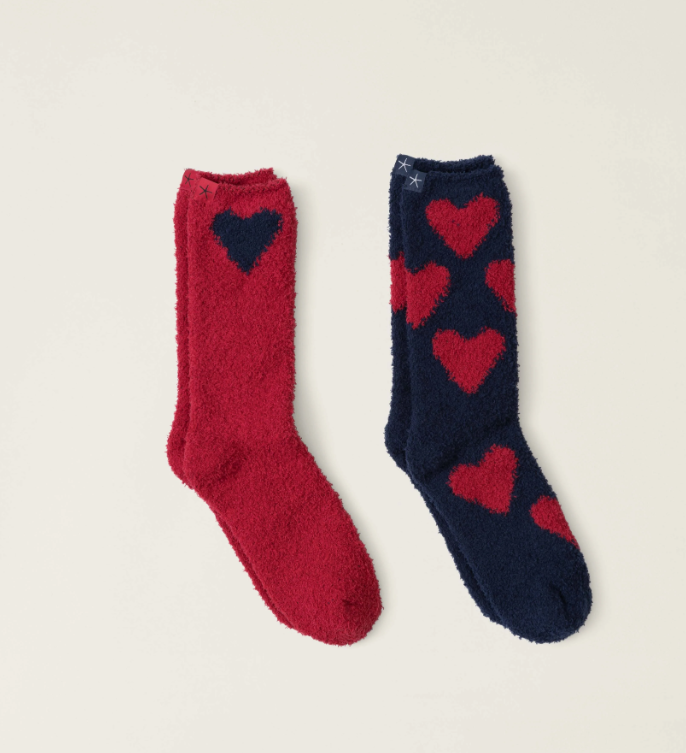 Barefoot Dreams CozyChic Heart Print Sock Set - Marine - Scarlet - Gabrielle's Biloxi