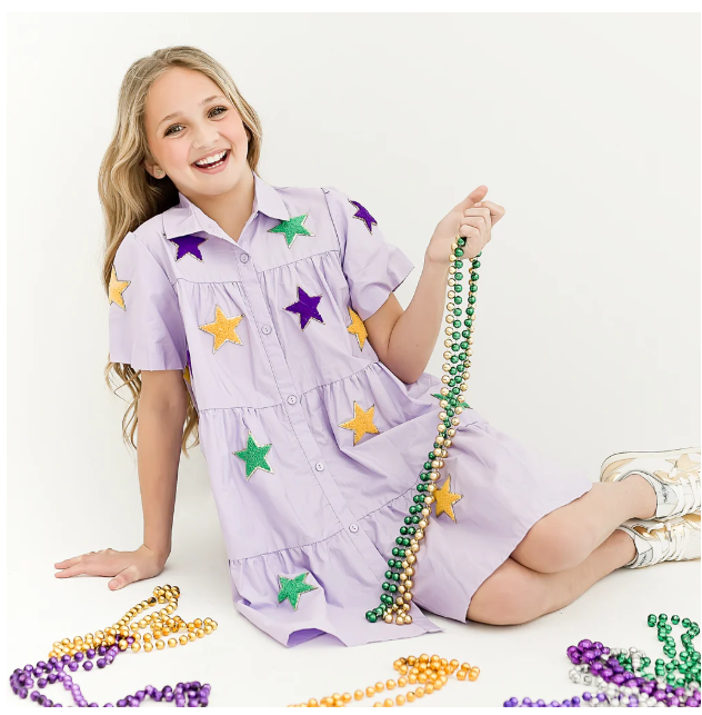 Girls Mardi Gras Stars Chenille Dress - Gabrielle's Biloxi