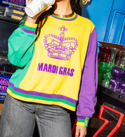Queen of Sparkles Mardi Gras Colorblock Crown Sweatshirt - Yellow - Gabrielle's Biloxi