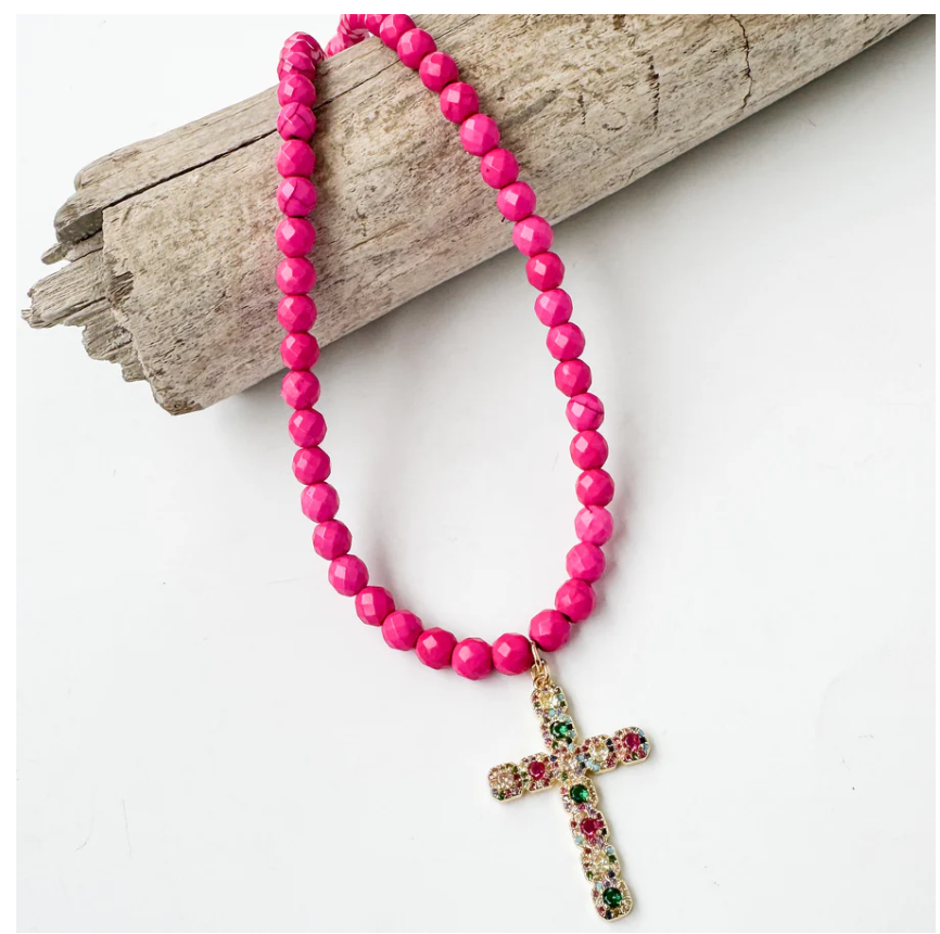 Multicolored Cross Necklace on 8mm Beads - Hot Pink - Gabrielle's Biloxi