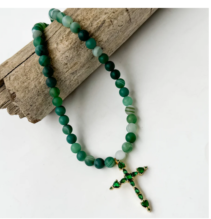 Gothic Cross Necklace on 8mm Beads - Green Marble - Gabrielle's Biloxi