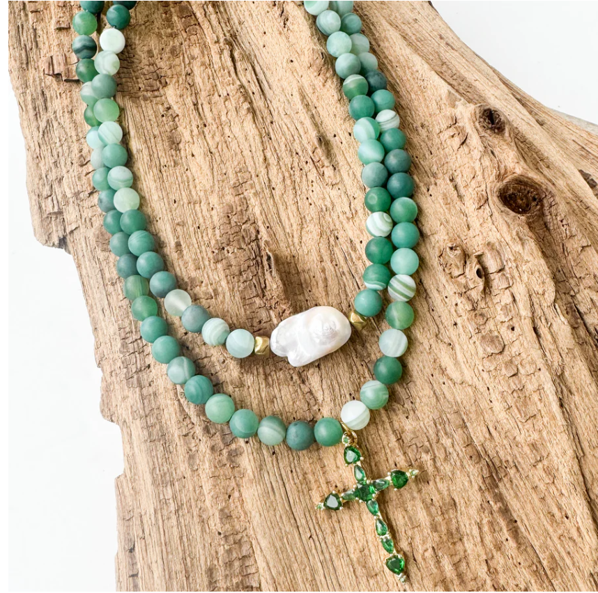 Gothic Cross Necklace on 8mm Beads - Green Marble - Gabrielle's Biloxi
