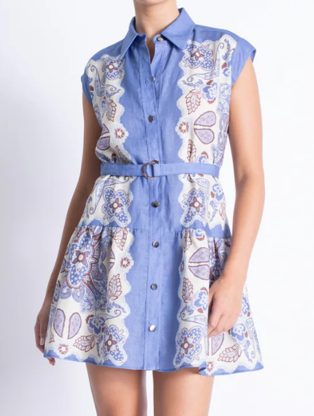Karina Grimaldi Antoniette Print Mini Dress - Blue Paisley - Gabrielle's Biloxi