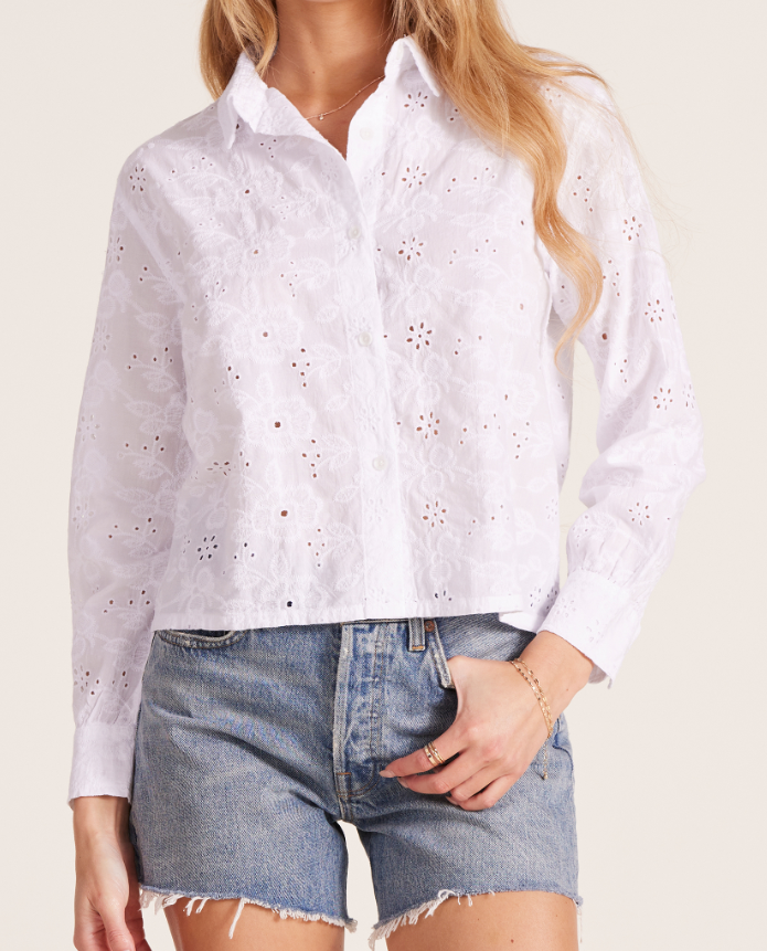 Bobi Cropped Button Front L/S Top - White - Gabrielle's Biloxi