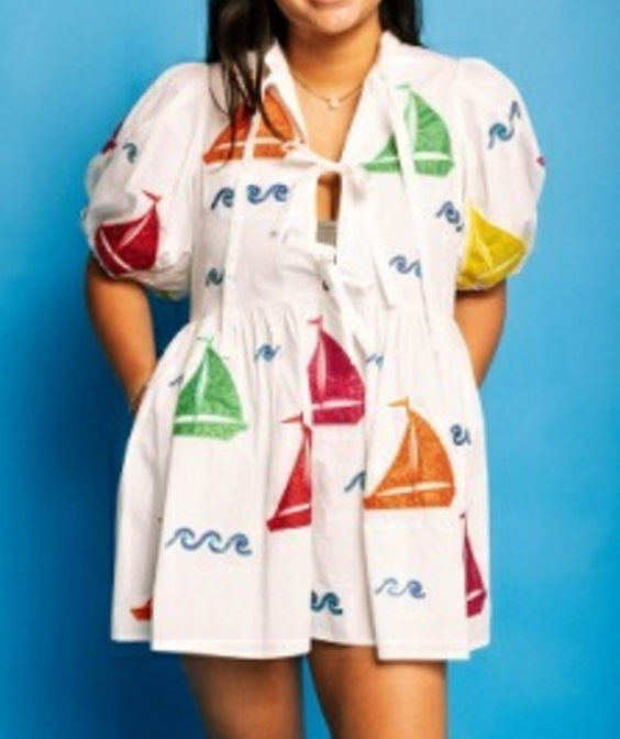 Queen of Sparkles White Rainbow Sailboat Cotton Tie Dress - Gabrielle's Biloxi