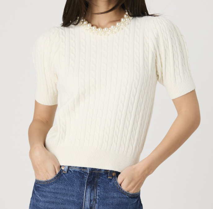 French Connection Embellished Short Sleeve Sweater - Porcelain - Gabrielle's Biloxi
