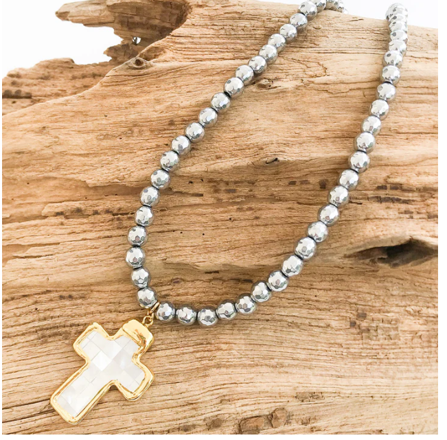 Abalone Cross on 8mm Gemstone - Silver Hematite - Gabrielle's Biloxi
