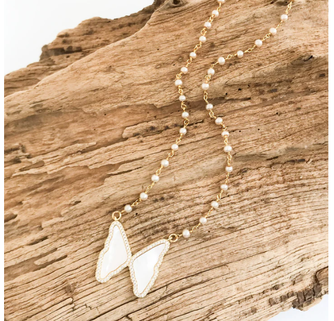 16" Shell CZ Butterfly on Rosary Necklace - Gabrielle's Biloxi