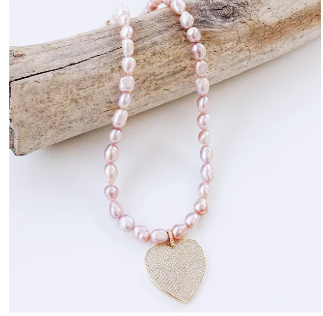The Madison Freshwater Pearl Necklace w/ Pave Heart - Blush - Gabrielle's Biloxi
