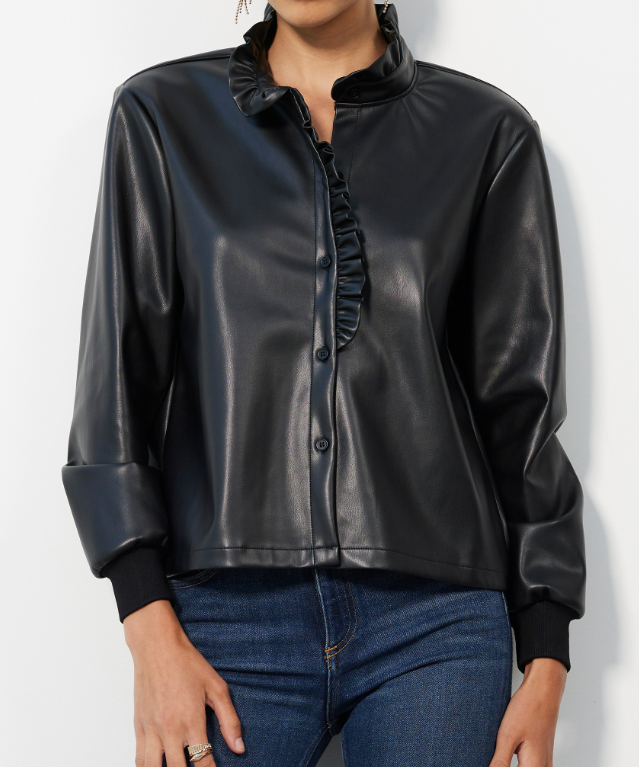 Bobi Ruffle Detail Button Up Top - Black - Gabrielle's Biloxi
