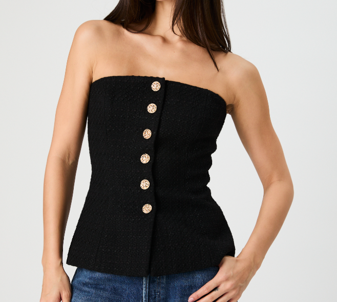 French Connection Structured Tweed Strapless Top - Black - Gabrielle's Biloxi