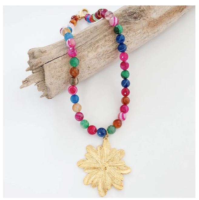 Flower Pendant Gemstone Beaded Necklace - Pink Agate - Gabrielle's Biloxi