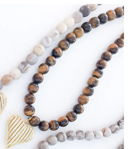Virtue Ribbon Heart on 10mm Gemstone Necklace - Tigers Eye - Gabrielle's Biloxi