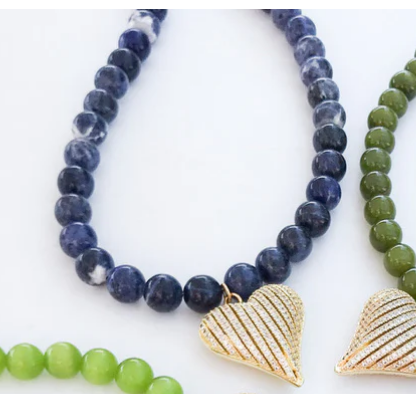 Virtue Ribbon Heart on 10mm Gemstone Necklace - Blue Marble - Gabrielle's Biloxi