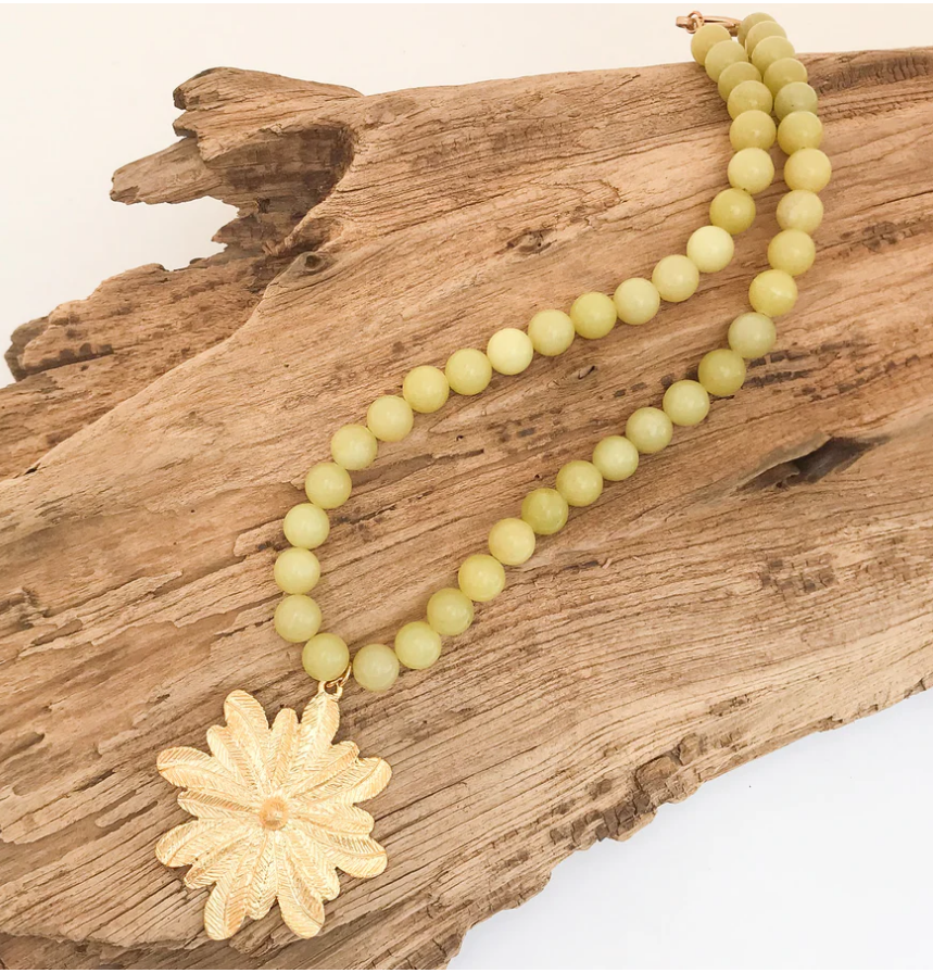 Flower Pendant Gemstone Beaded Necklace - Lime - Gabrielle's Biloxi