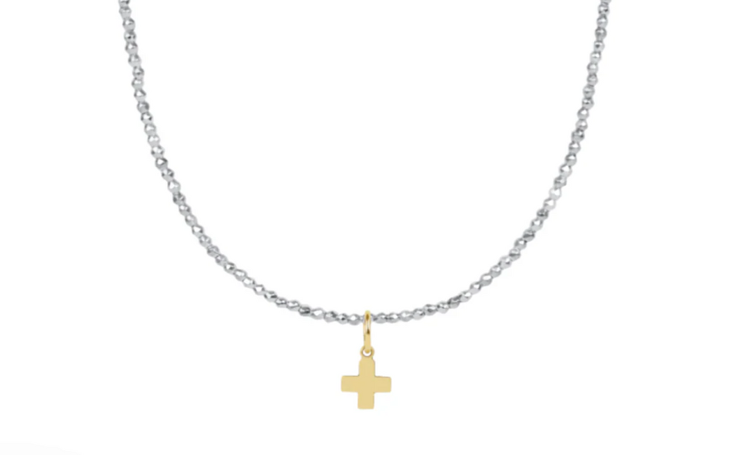 15" Choker Bright Silver Faceted Hematite 2mm Bead - Signature Cross Gold Charm - Gabrielle's Biloxi