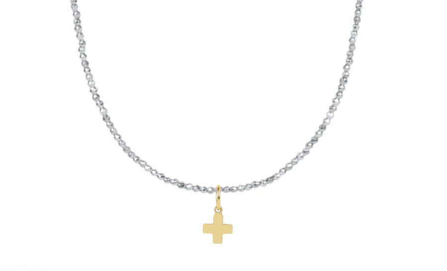 15" Choker Bright Silver Faceted Hematite 2mm Bead - Signature Cross Gold Charm - Gabrielle's Biloxi