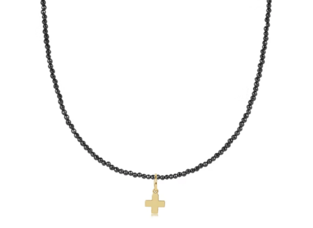 15" Choker Faceted Hematite 2mm Bead - Signature Cross Gold Charm - Gabrielle's Biloxi
