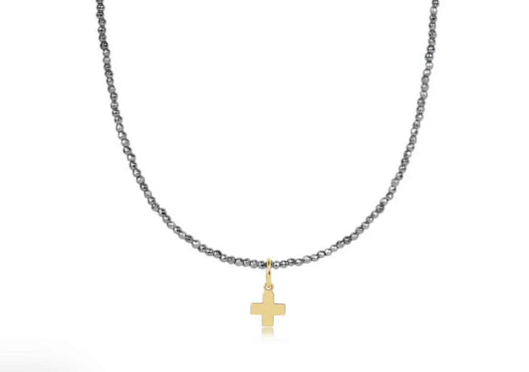15" Choker Silver Faceted Hematite 2mm Bead - Signature Gold Cross Charm - Gabrielle's Biloxi