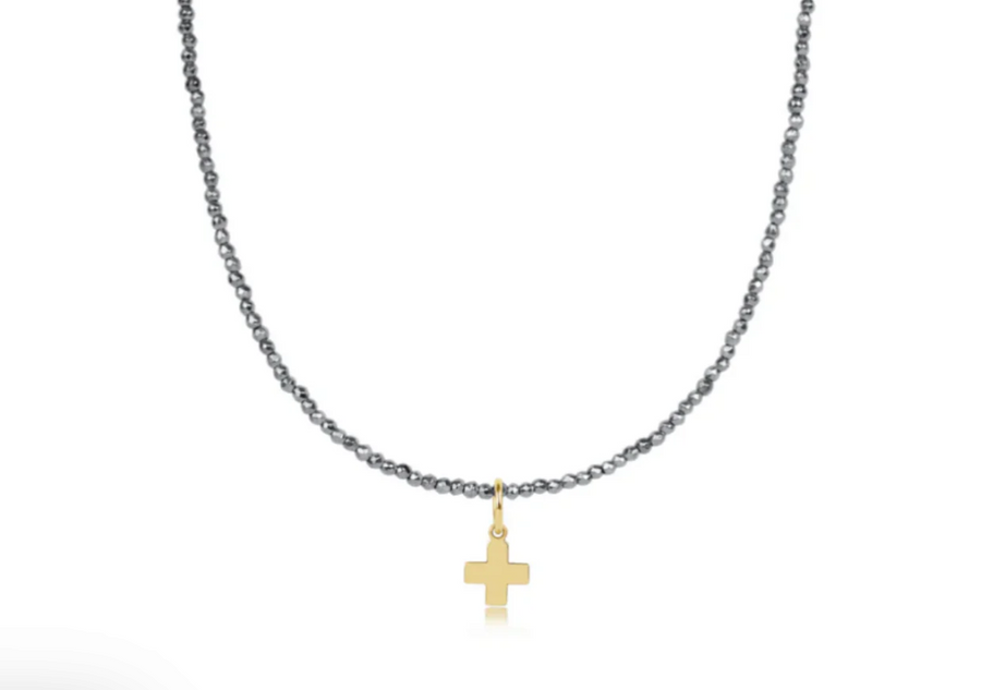 15" Choker Silver Faceted Hematite 2mm Bead - Signature Gold Cross Charm - Gabrielle's Biloxi