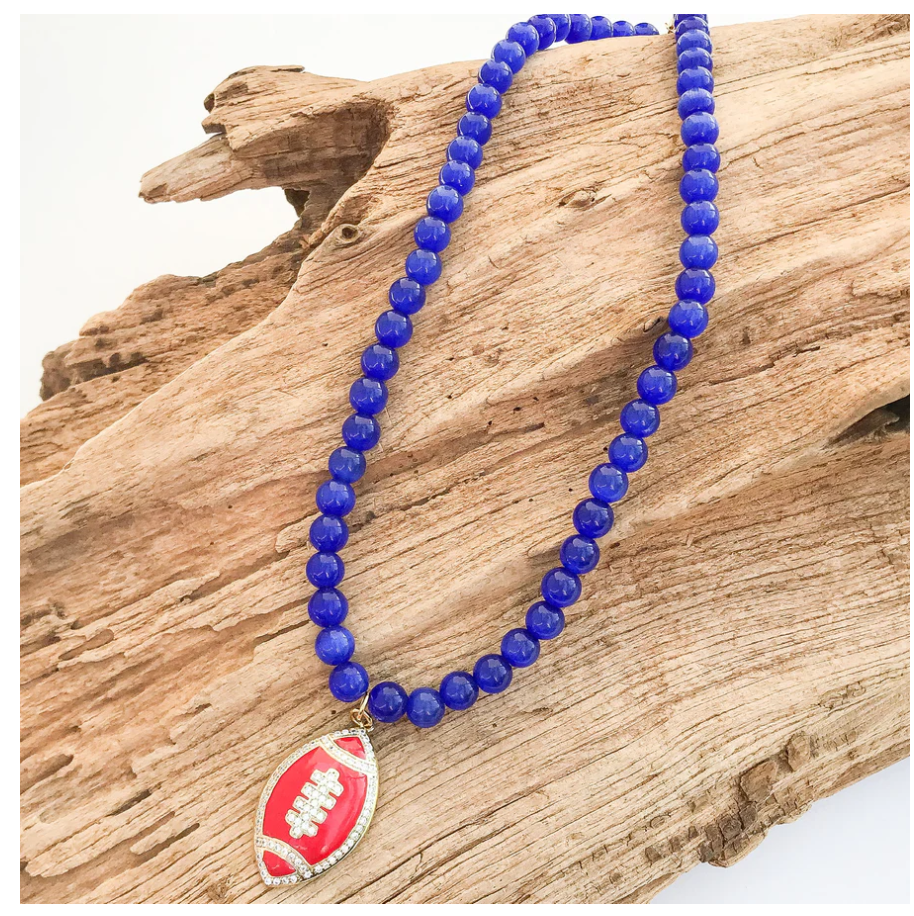 Virtue Football on 8mm Gemstone Necklace 18" - Royal/Red - Gabrielle's Biloxi