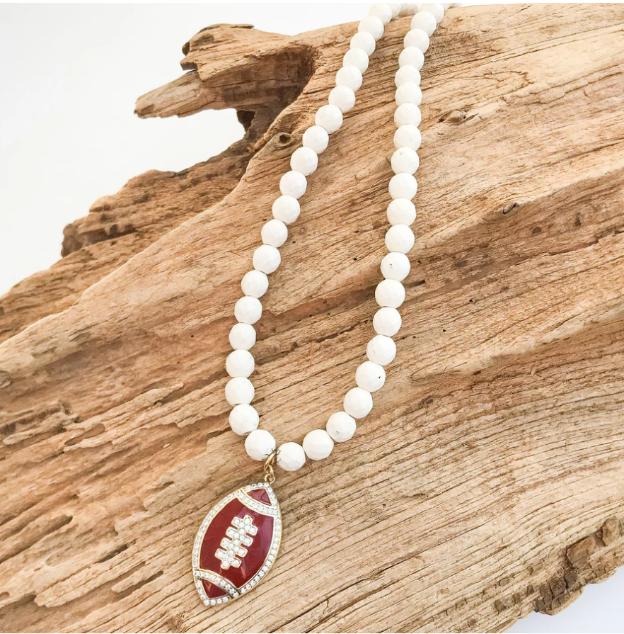 Virtue Football on 8mm Gemstone Necklace 18" - Maroon/Cream - Gabrielle's Biloxi