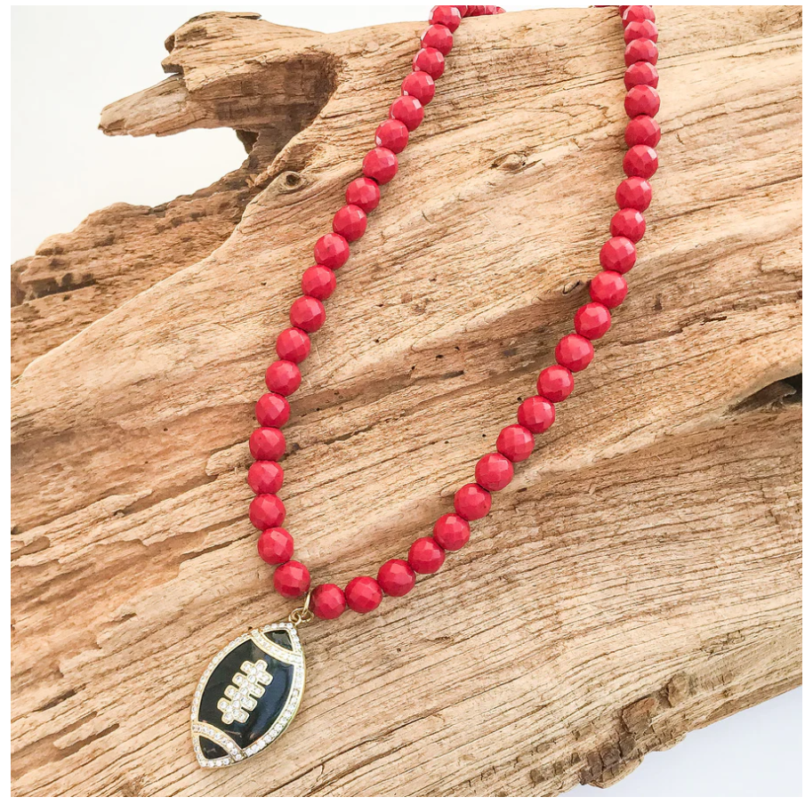 Virtue Football on 8mm Gemstone Necklace 18" - Red/Black - Gabrielle's Biloxi