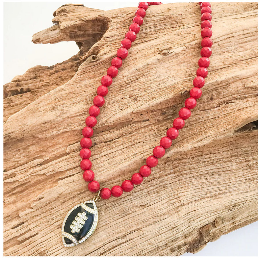 Virtue Football on 8mm Gemstone Necklace 18" - Red/Black - Gabrielle's Biloxi