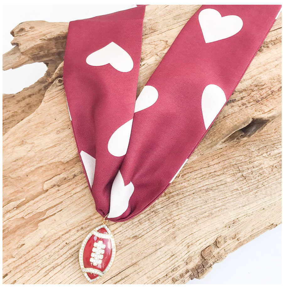 Virtue Football on Scarf Necklace -Maroon/Maroon & White Hearts Scarf - Gabrielle's Biloxi