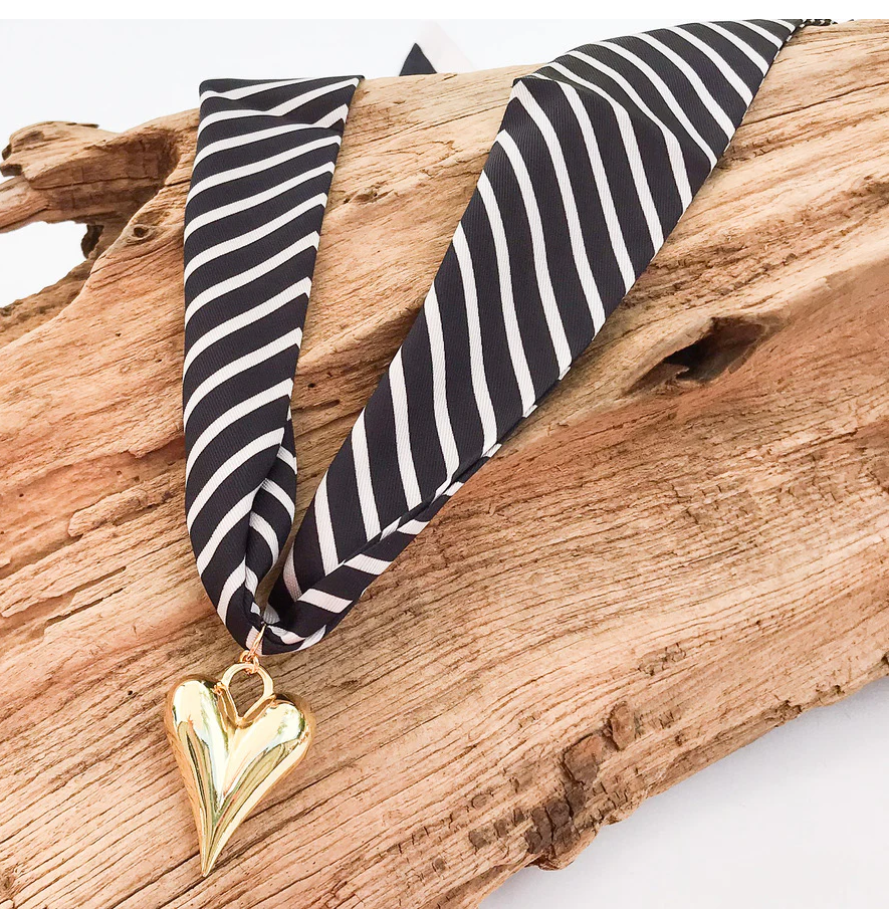 Virtue Puff Heart on Scarf Necklace - Black/White Stripe - Gabrielle's Biloxi