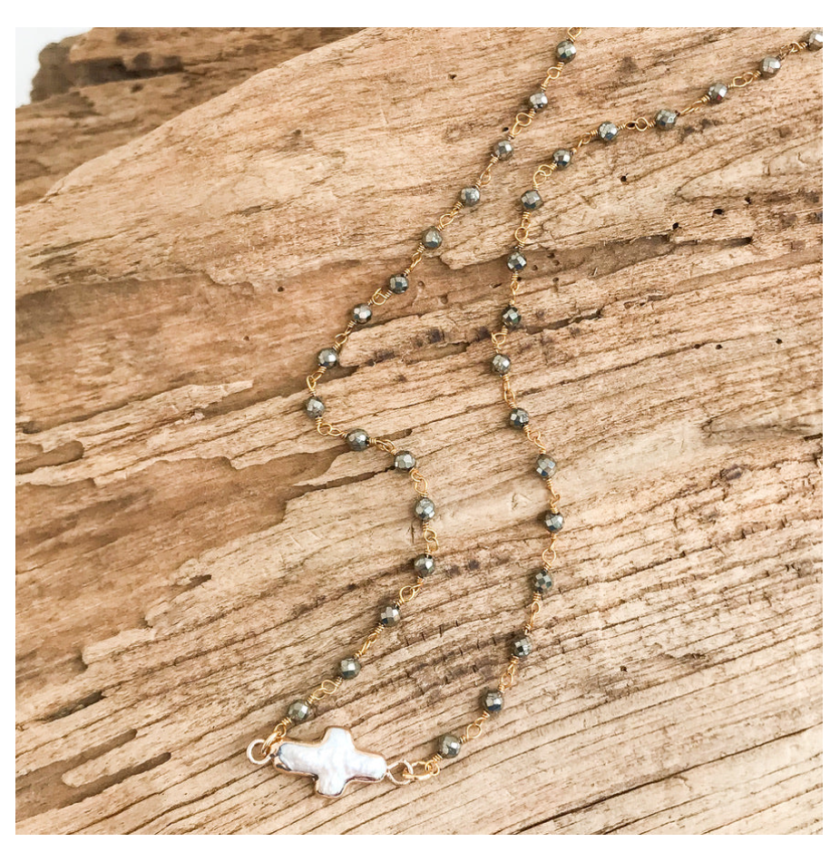 Virtue Pearl Bezel Cross Sideways on 16" Rosary - Pyrite - Gabrielle's Biloxi