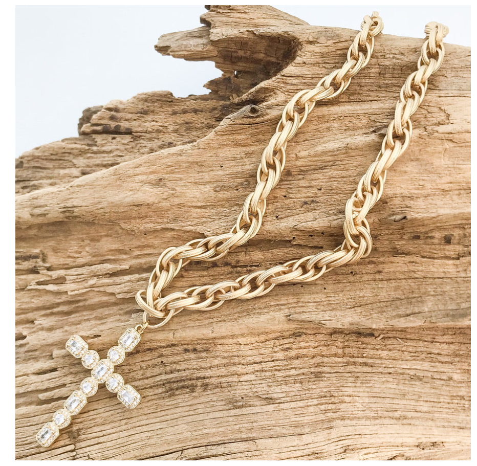 Virtue Large Venetian Rhinestone Cross on Twisted Etched Necklace
