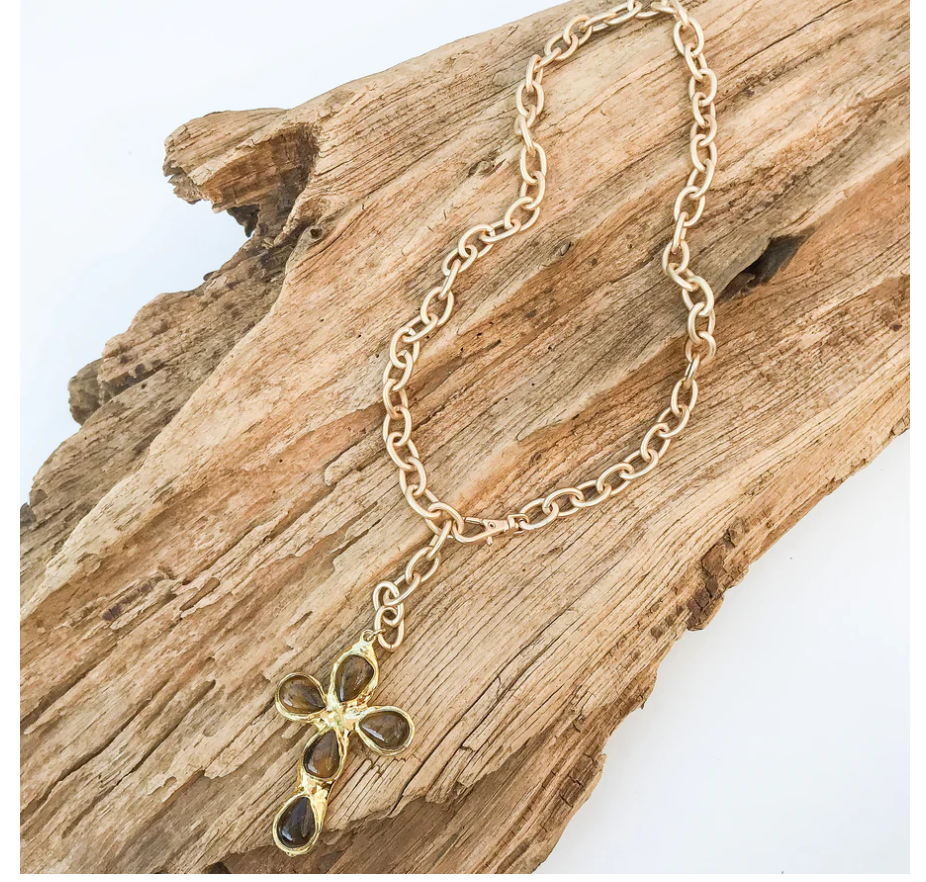 Virtue Petite Esther Cross on Cable Chain - Tigers Eye