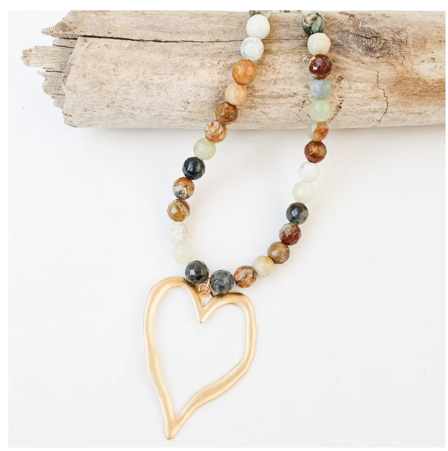 Gemstone Beaded Necklace w/ / XL Heart - Meadow - Gabrielle's Biloxi
