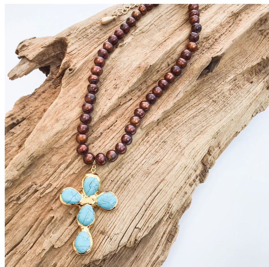 Virtue Jumbo Freshwater Pearl Cross on Potato Pearls - Chocolate/Turquoise