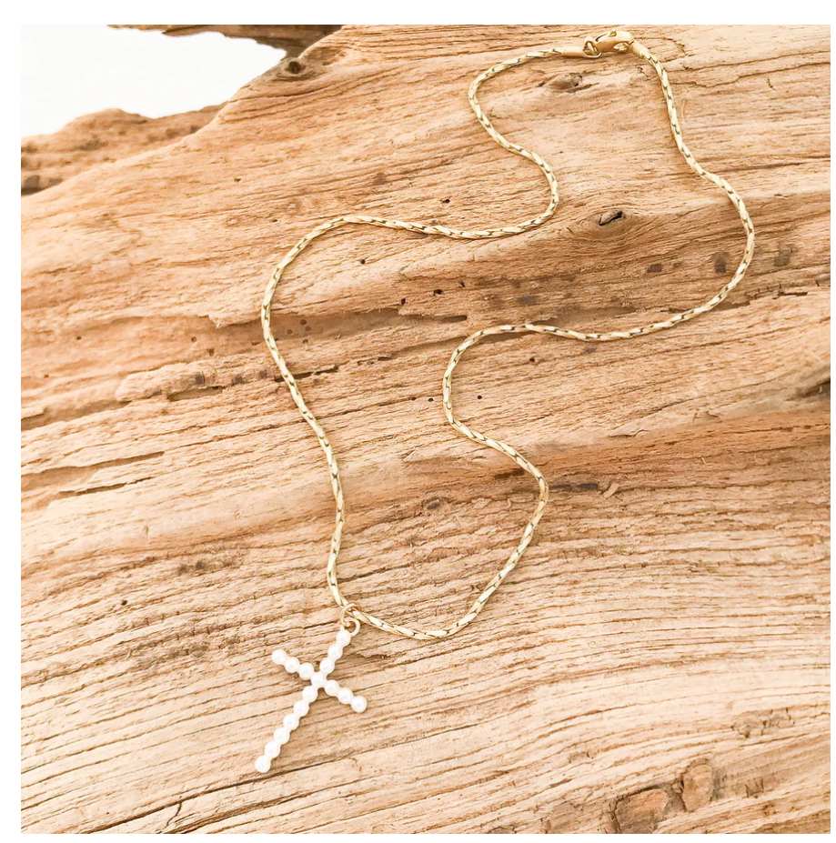 Virtue Micro Pearl Cross on Petite Rope Chain - Gold - Gabrielle's Biloxi