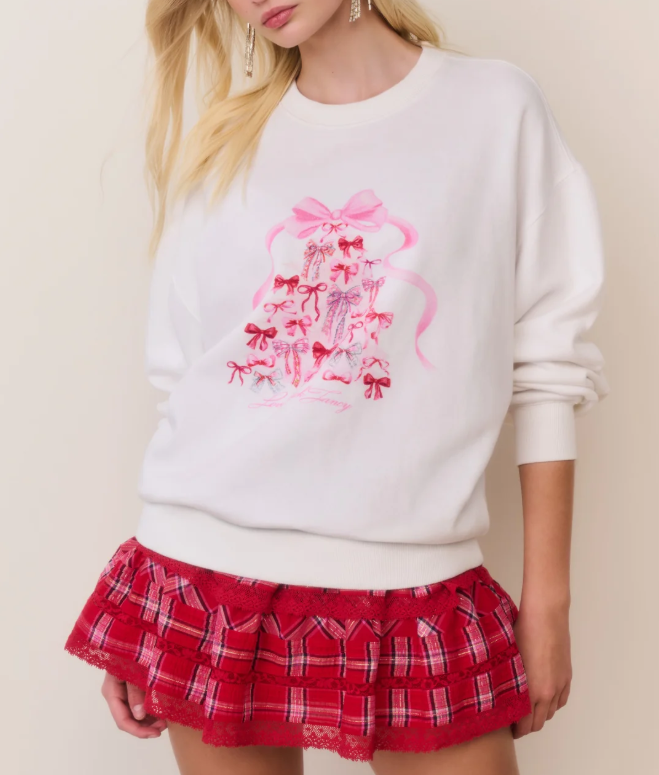 Love Shack Fancy Havenleigh Christmas Bow Fleece Pullover - White - Gabrielle's Biloxi