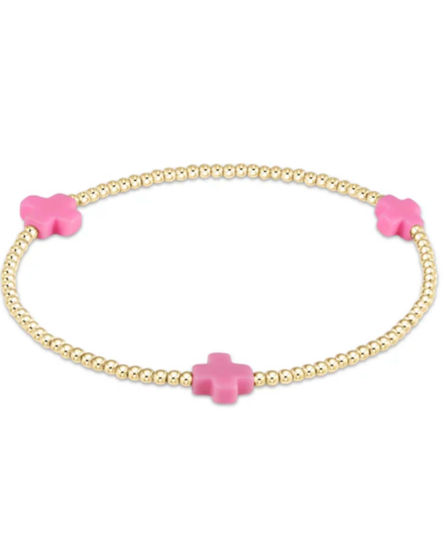 ENewton Signature Cross Gold Pattern 2mm Bead Bracelet - Bright Pink