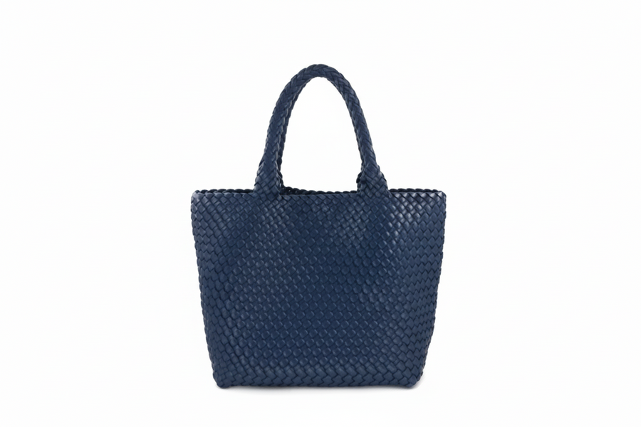 Blue woven handbag on a white background